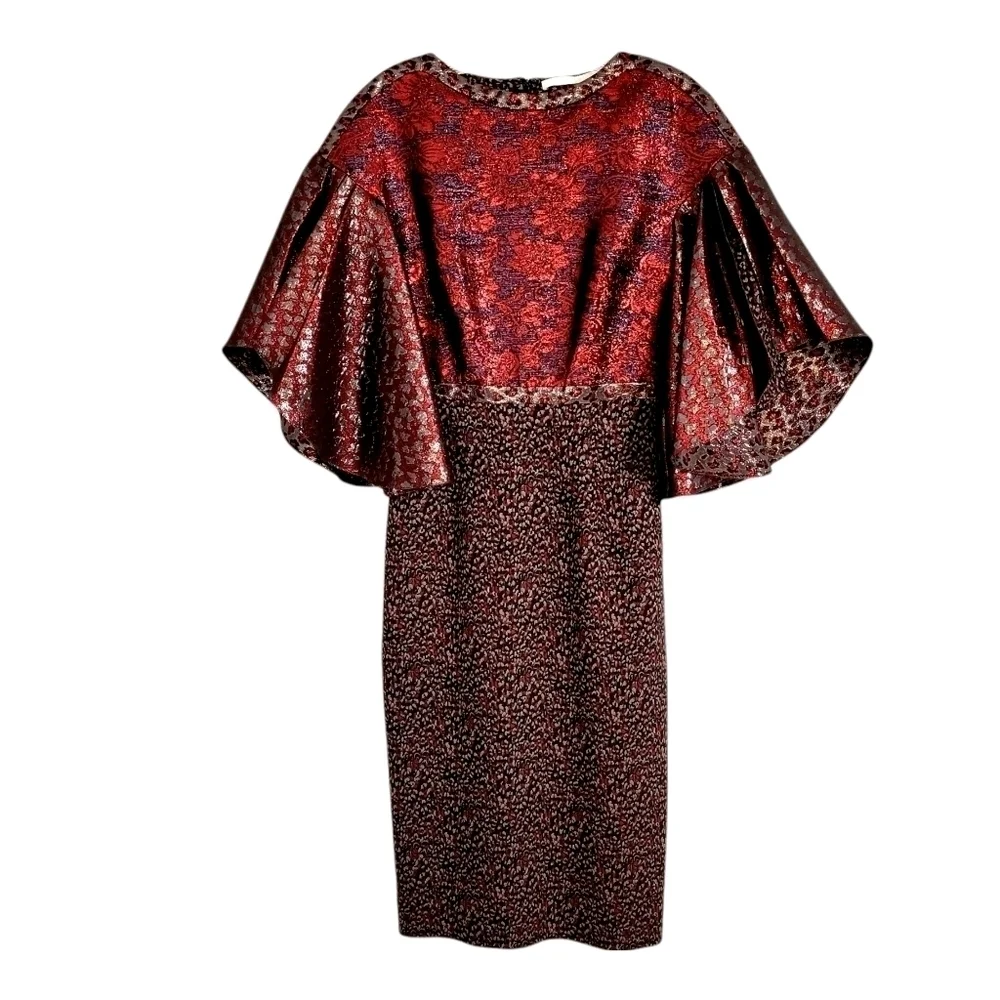 Audra Metallic Red Fan Sleeve Designer Cocktail Dress Like New